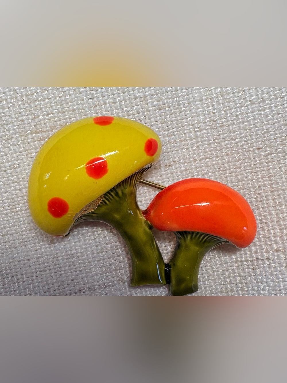 Vintage 1970s Yellow and Orange Enamel Mushroom Brooch